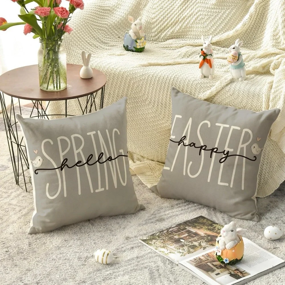 Spring Easter Bunny Decorative Throw Pillow Covers - 18”x 18” Set of 4